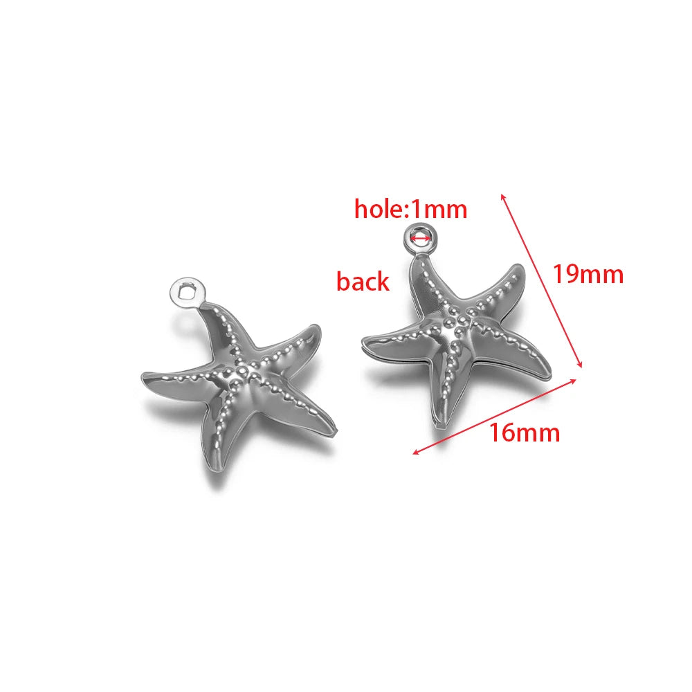 Silver-toned starfish hollow charms with small loop, size-labeled diagram