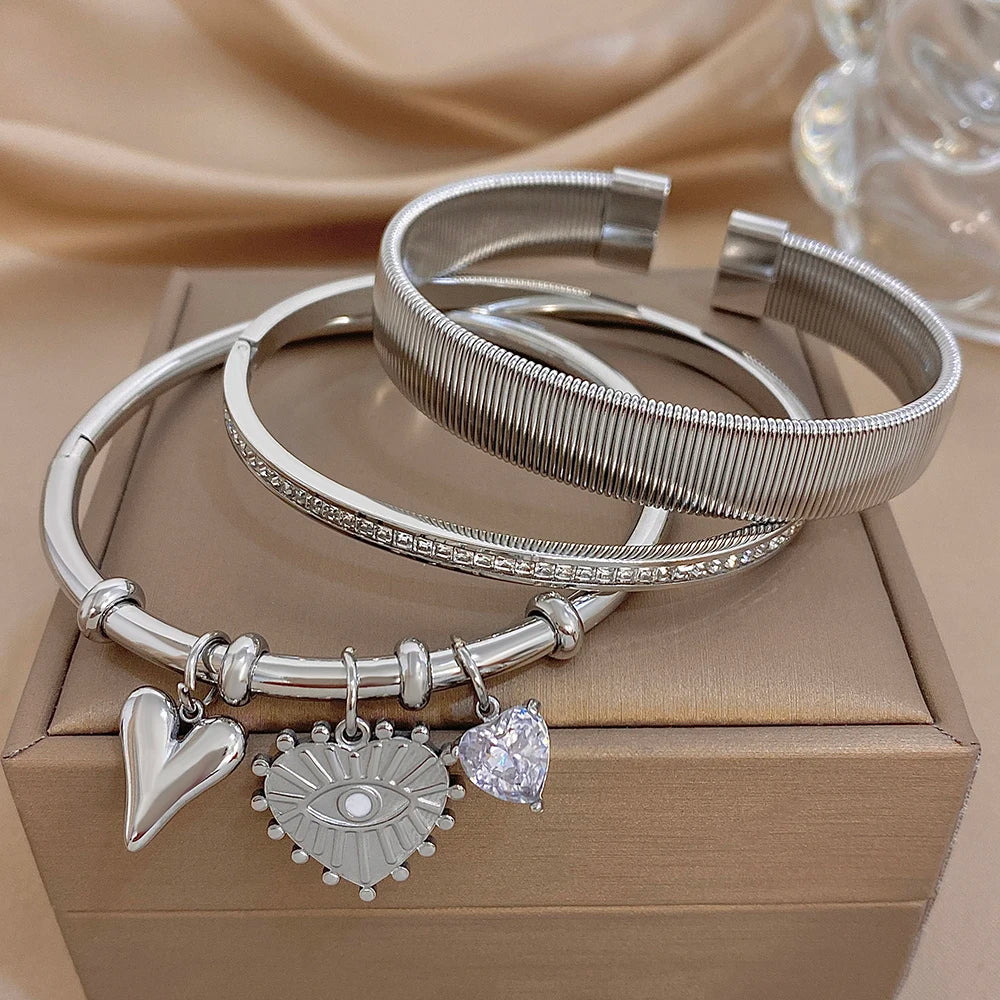 Trendy Silver Color Stainless Steel Cuff Bangle for Women Chunky Zircon Heart Charms Stacked Bracelets Waterproof Jewelry
