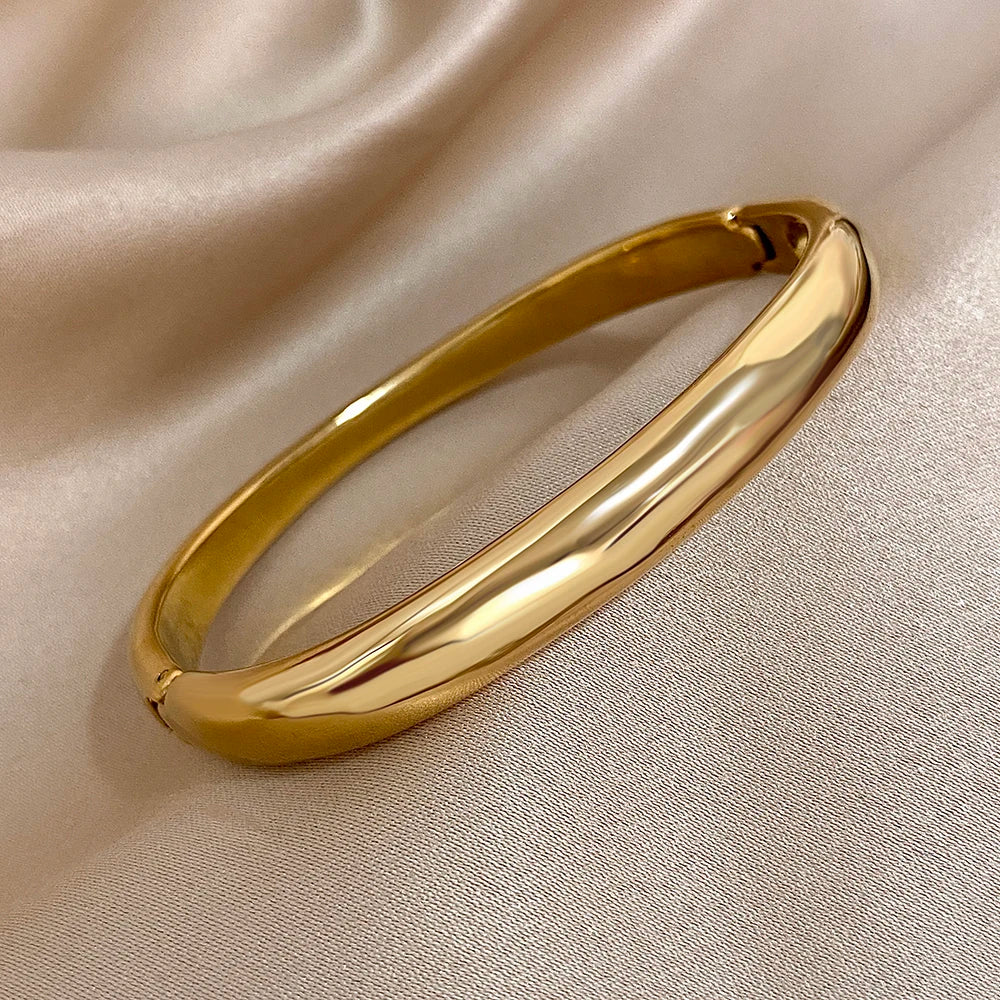 Fashion Gold Plated Stainless Steel Cuff Bangle Bracelets for Women Glossy Simple Square Chunky Bracelet Waterproof Jewelry