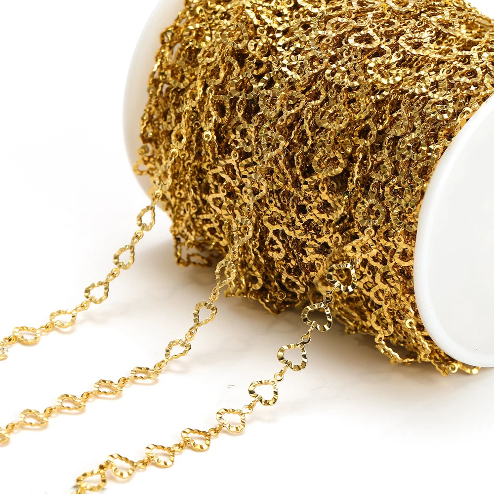 Gold hollow chain with loop links on a white spool, necklace making supplies