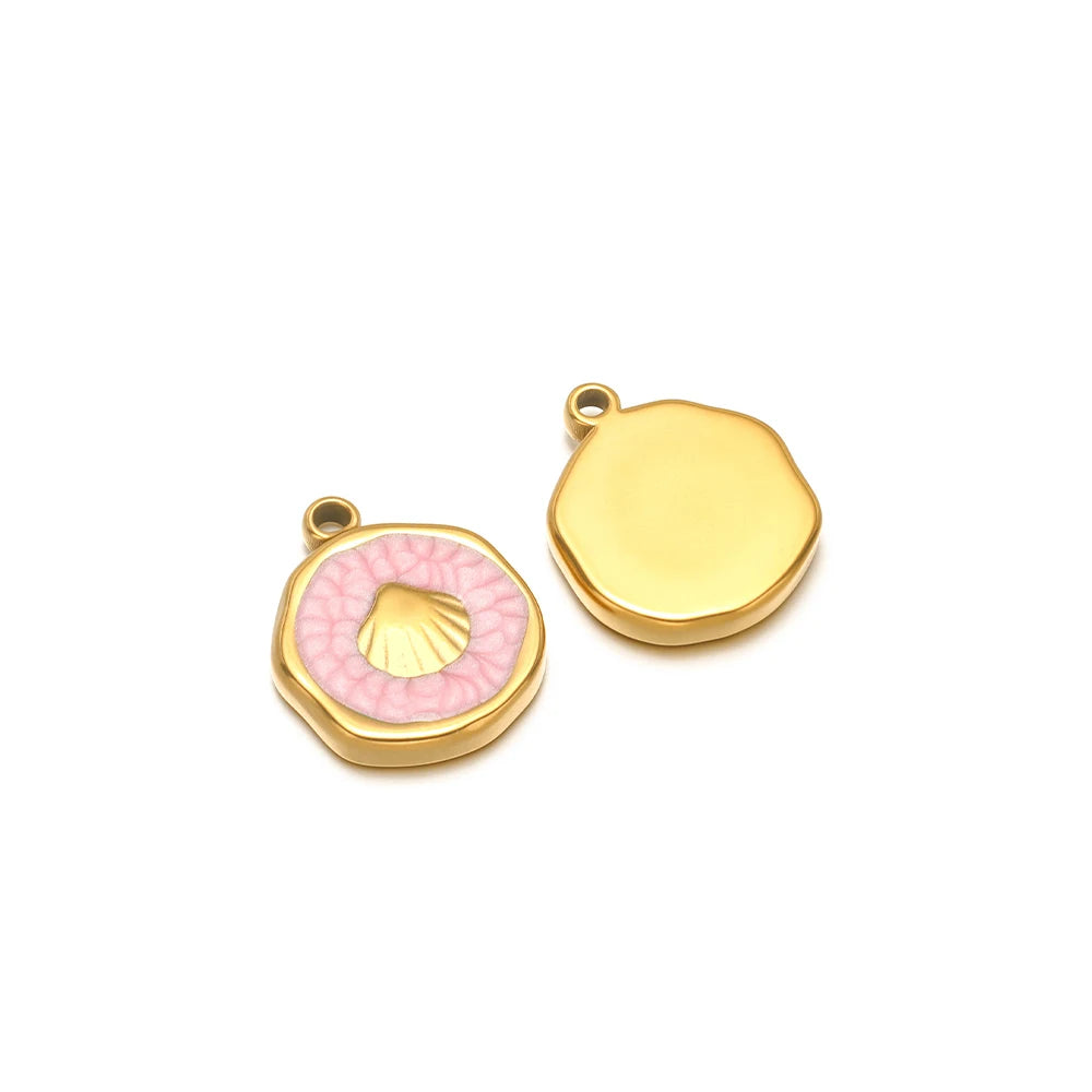 Pair of enamel ocean charms: yellow shell charm and pink seashell charm with gold fish