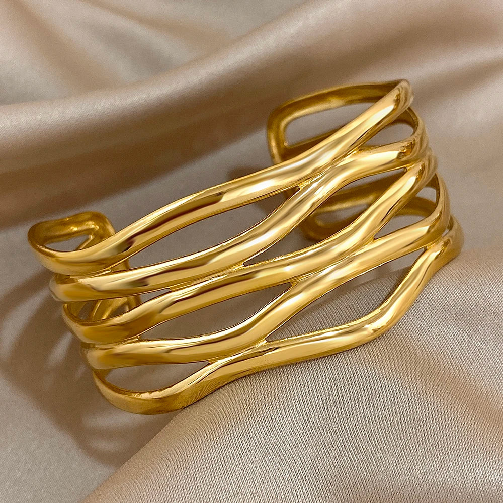 Exaggerated Geometric Stainless Steel Cuff Bangle Bracelets Irregular Gold Plated Chunky Wristband Bracelet Waterproof Jewelry