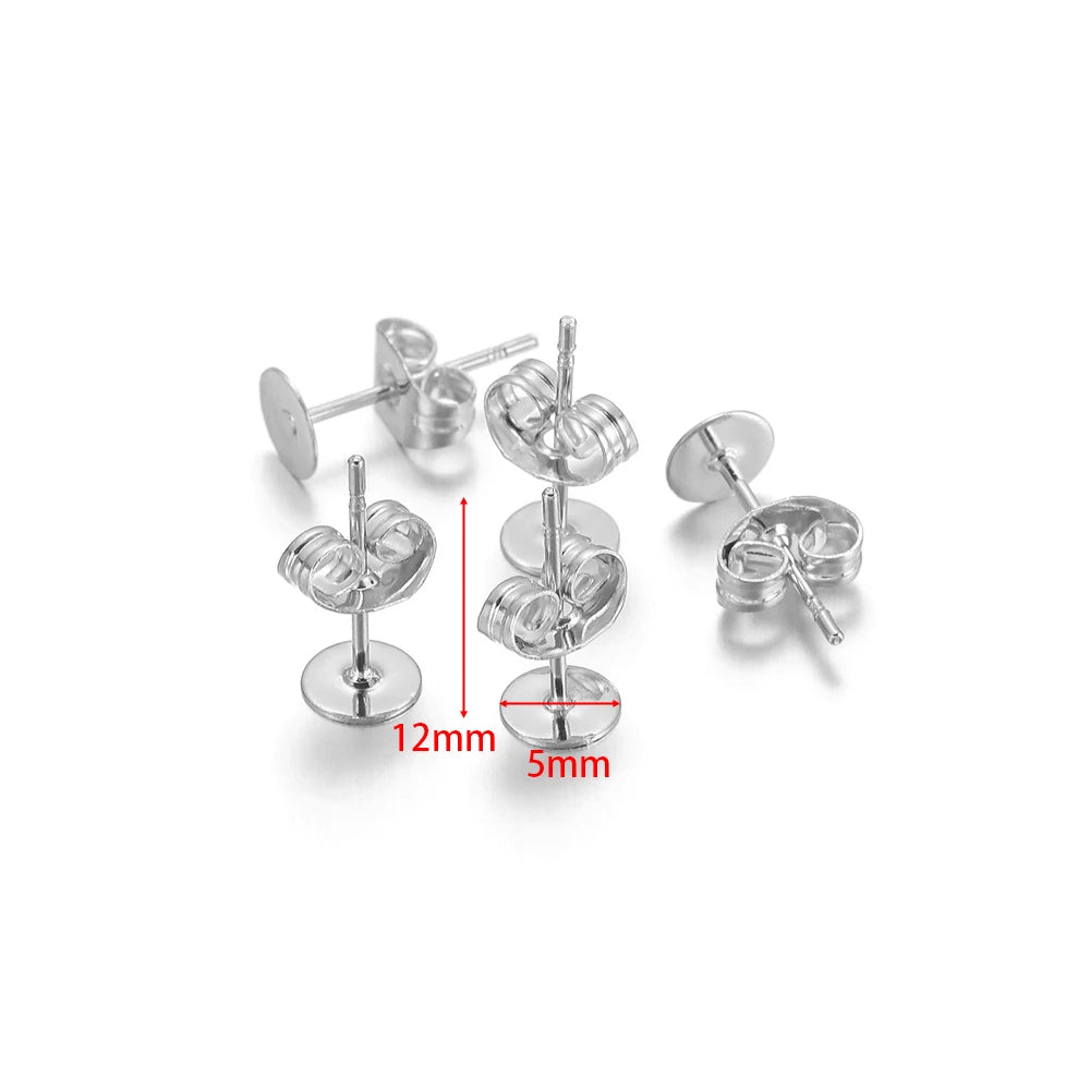 Silver round flat stud earring settings with size markers: 12mm height, 5mm diameter