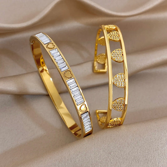 Gold heart zirconia stackable cuff bangles, smooth hinges with clear stone rows
