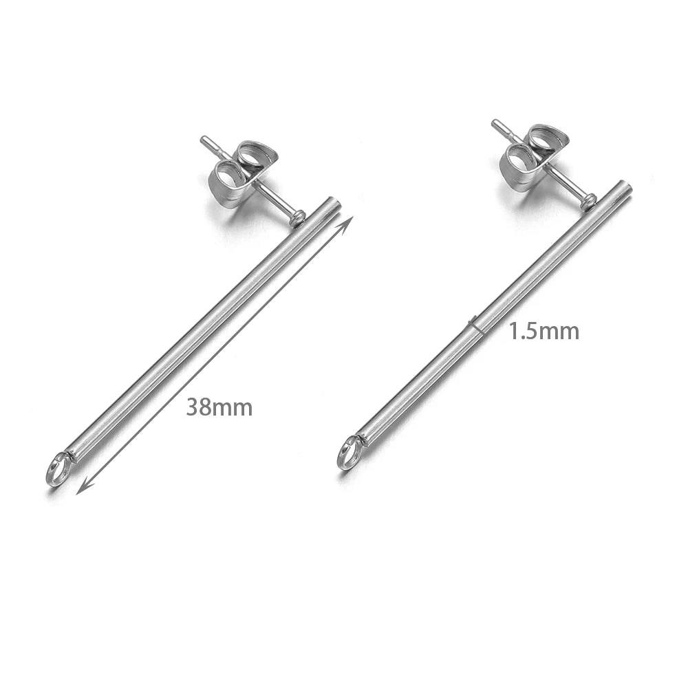 Silver long stick earring connector studs, 38mm bar, 1.5mm post