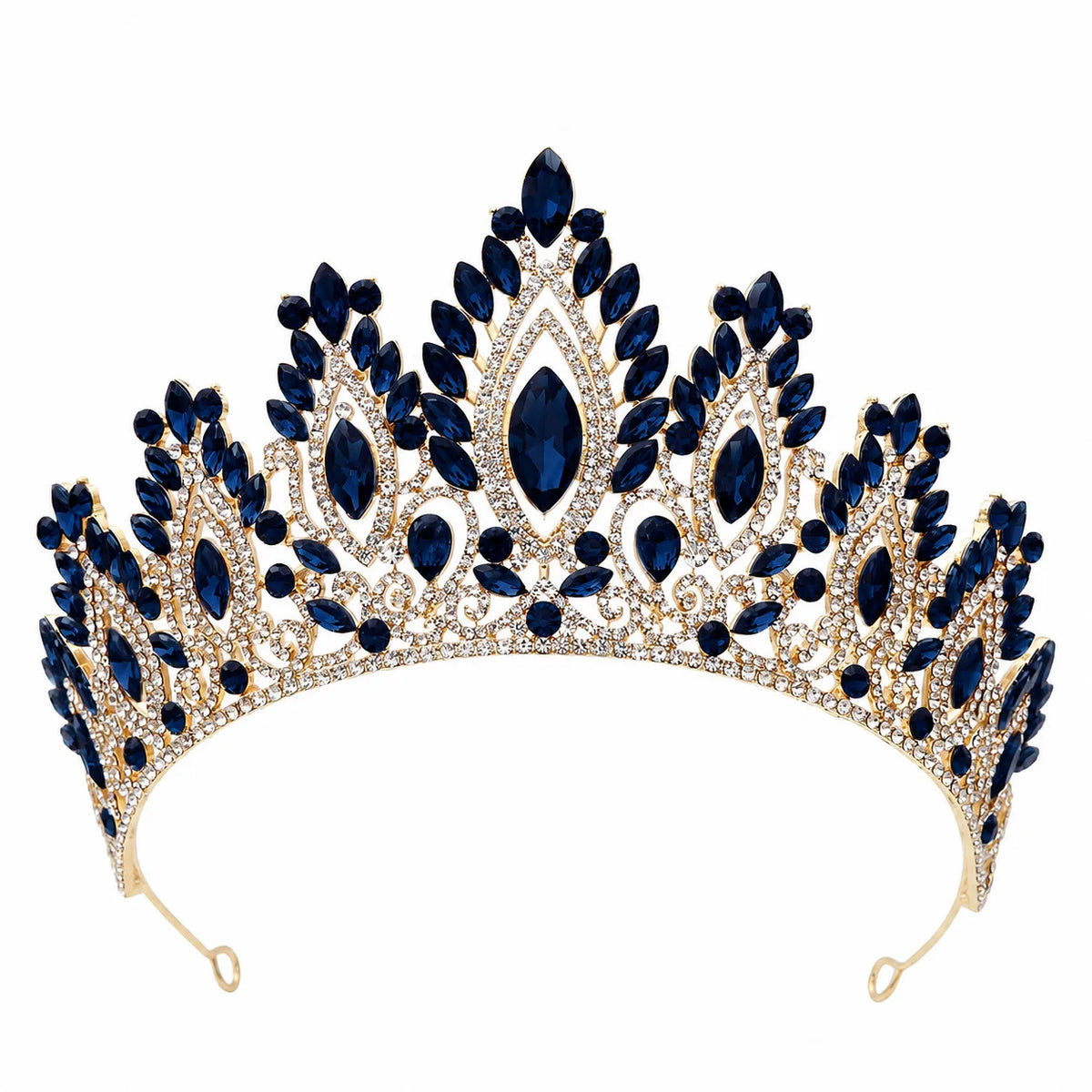 Navy blue rhinestone tiara headband with oval stones and sparkling silver-tone filigree