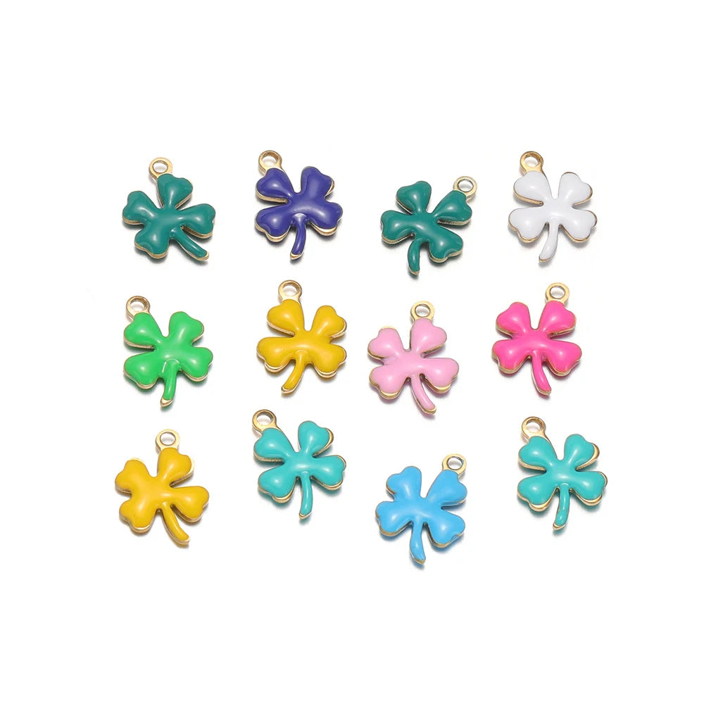 Enamel clover flower charms set with gold-tone loops, assorted colors