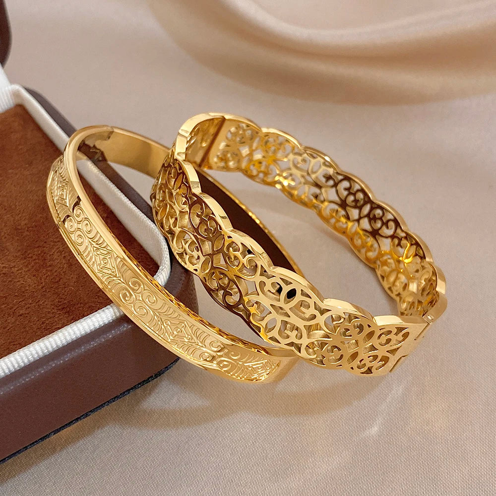 Retro Gothic Stainless Steel Wide Bracelets for Women Men Geometric Textured Carved Gold Plated Cuff Bangle Waterproof Jewelry