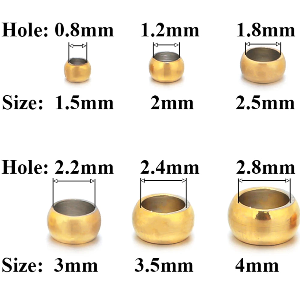 Gold-tone spacer beads showing hole sizes 0.8–2.8mm and bead sizes 1.5–4mm