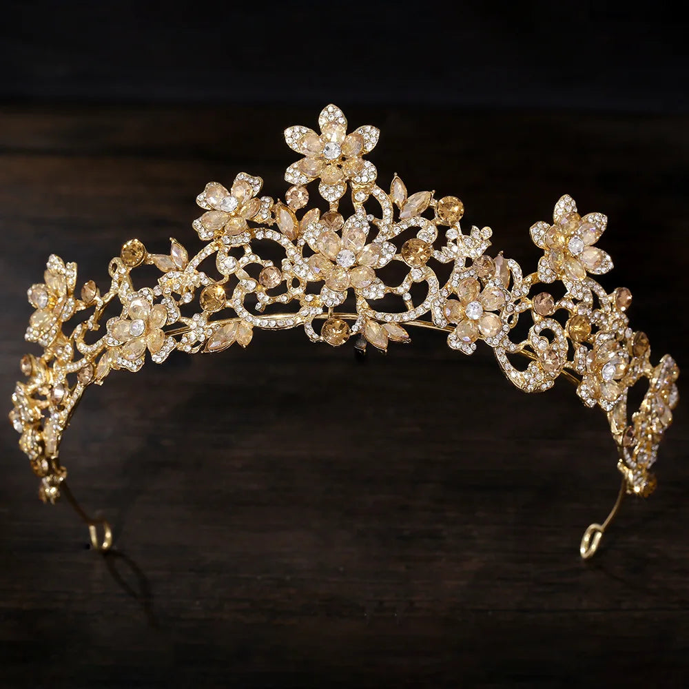 Rhinestone floral tiara with champagne clear crystals and gold-tone leaf details