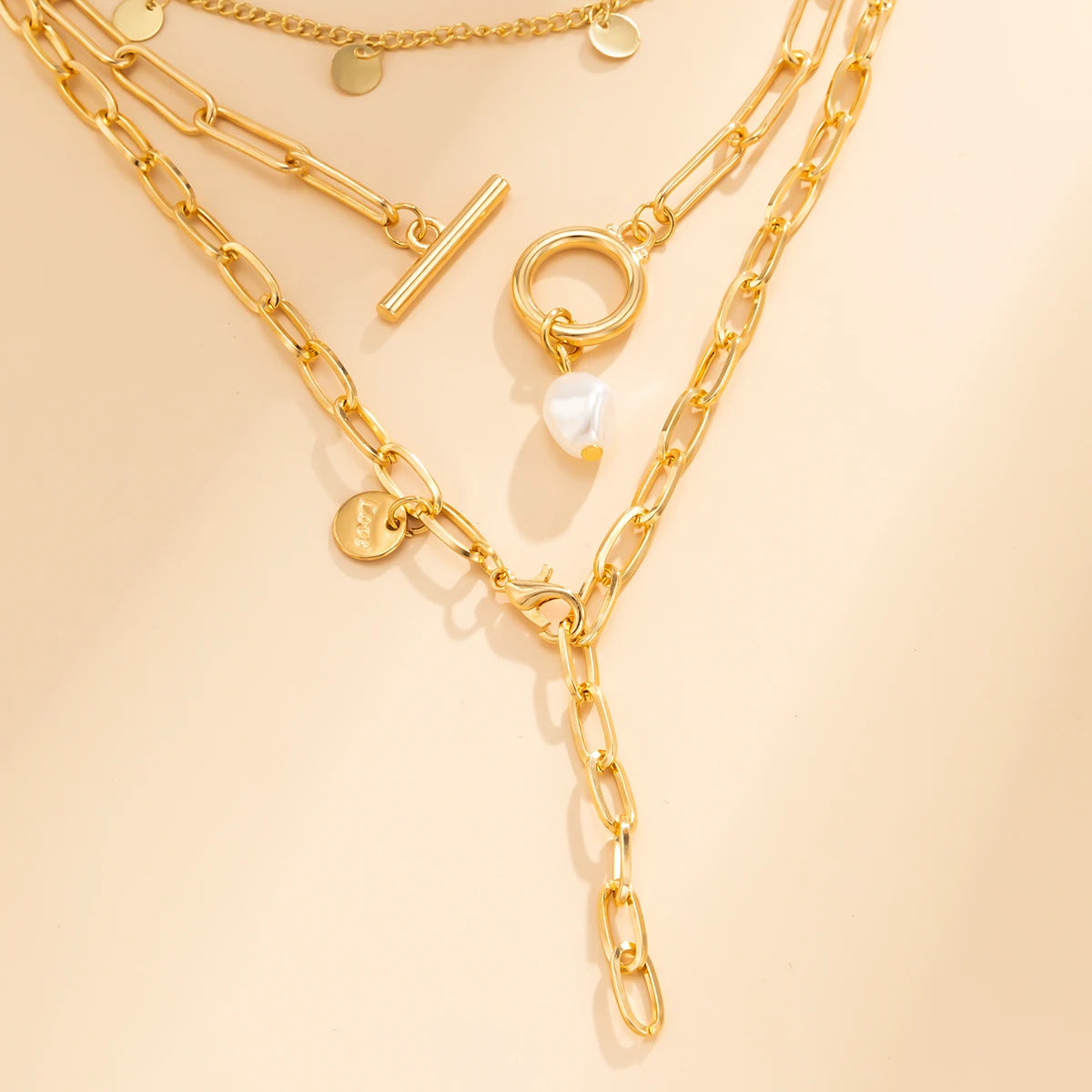 Women Trendy Long Tassel Necklace Punk Layered Chain with Imitation Pearl
