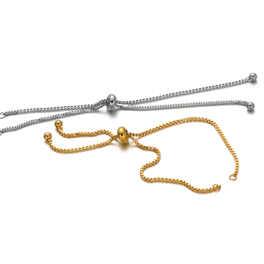 Silver and gold adjustable box chain bracelet connectors with round bead ends and hooks