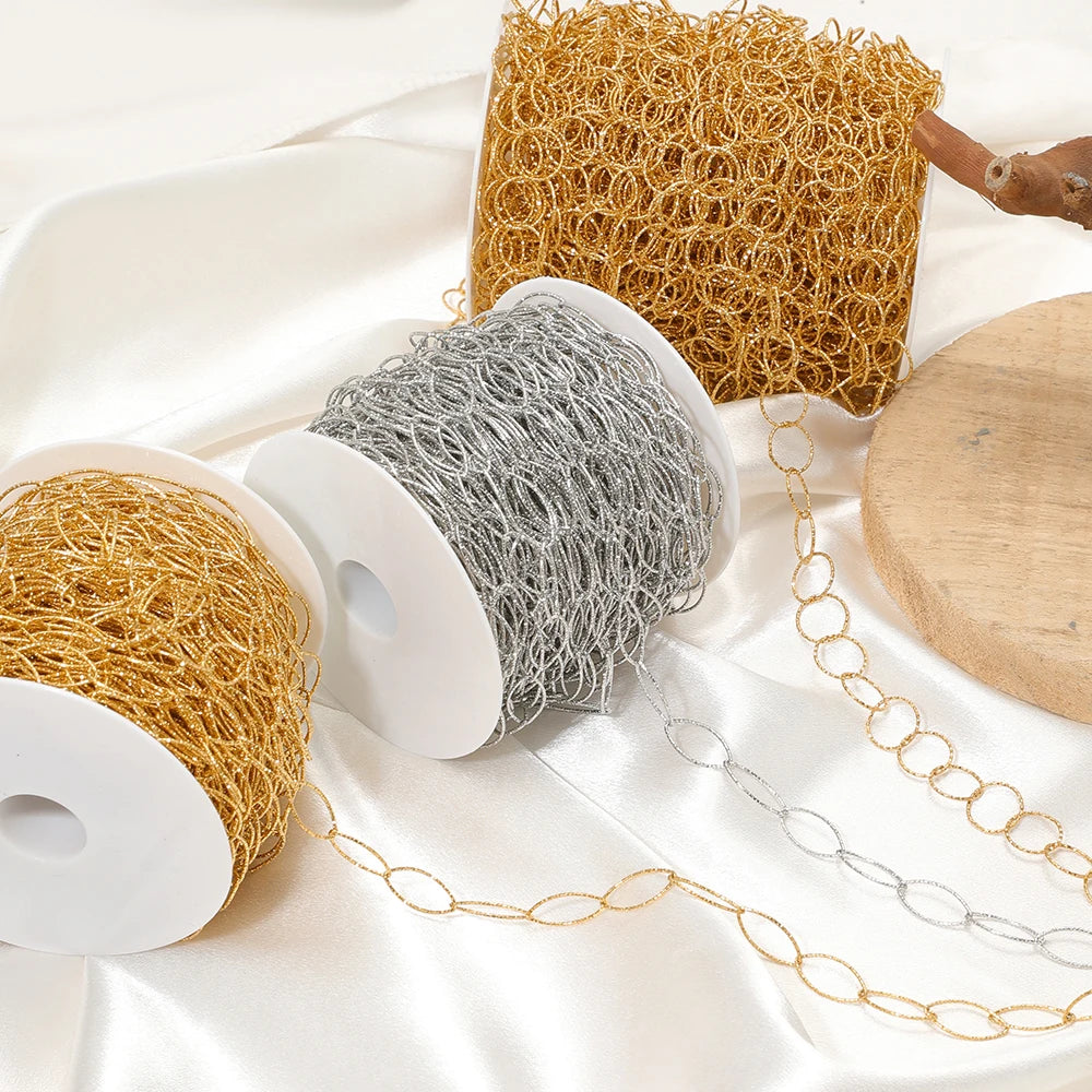 Close view of gold and silver hollow oval link chain wound on white spools