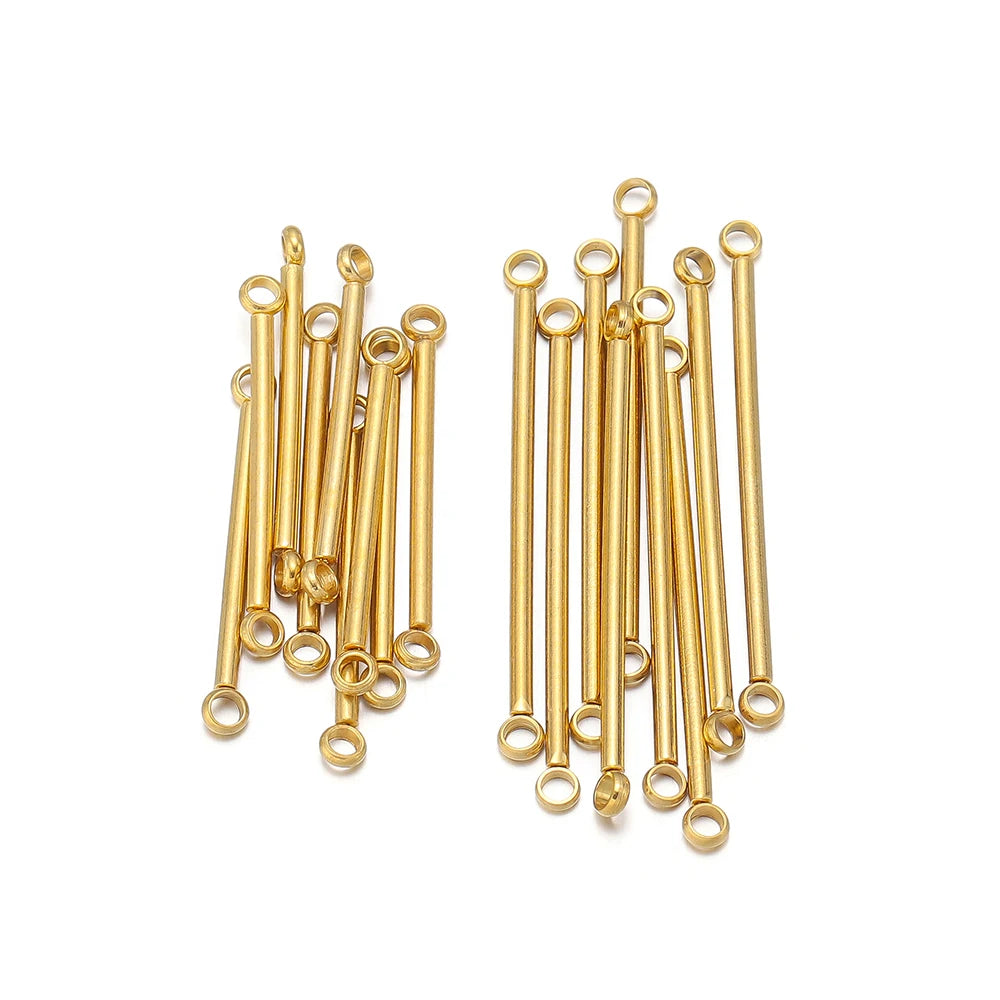 Gold stainless steel double-cylinder rod earring connectors, small round eyelets on both ends