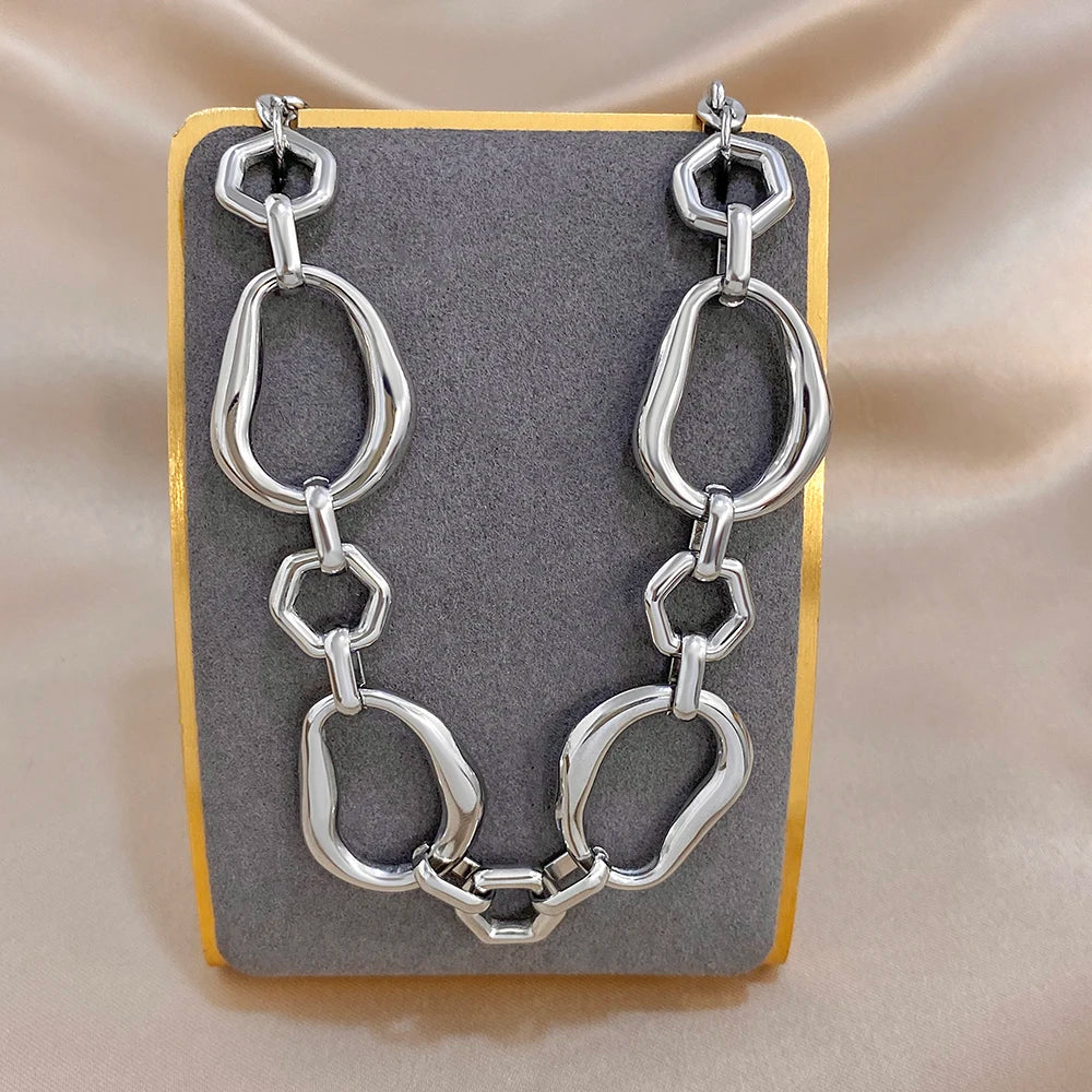 Irregular Geometric Circle Chain Necklaces for Women Fashion Gold Silver Color Stainless Steel Necklace Waterproof Jewelry