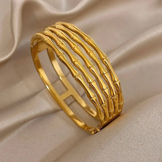 Unique Geometric Multilayer Bamboo Wide Bracelet Stylish Gold Plated Stainless Steel Cuff Bangle Bracelets Waterproof Jewelry