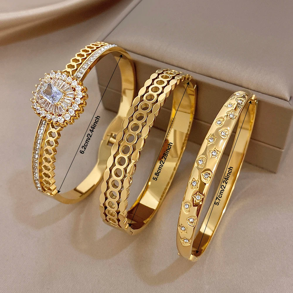 Glossy Gold Plated Cuff Bangle Bracelets for Women Exaggerated Zircon Geometric Stackable Wide Bracelet Waterproof Jewelry
