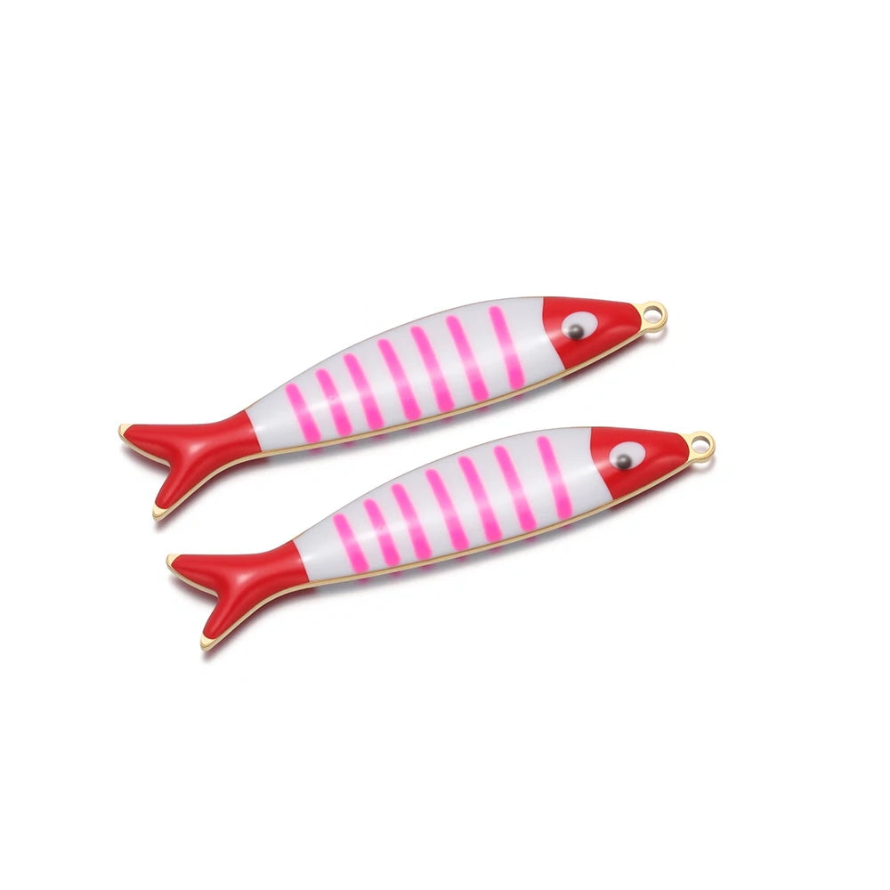 Pair of striped fish enamel charms, red fins with pink stripes, gold loops