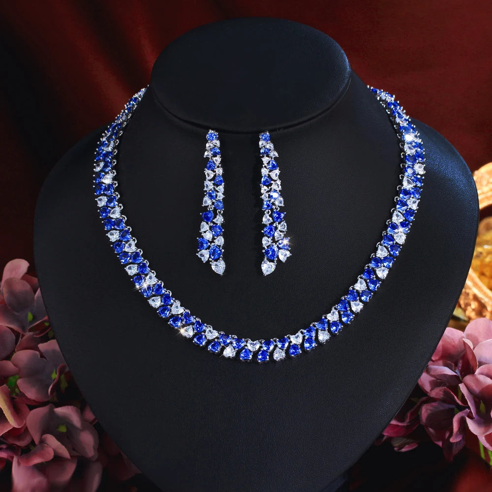 Luxury Shiny Blue CZ Zircon Heart Shape Wedding Jewelry Sets for Women Bridal Necklace Earrings