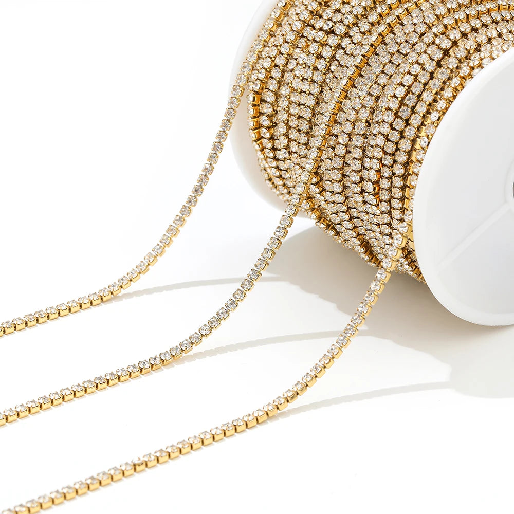 Gold plated cubic zircon chain strand with small square-link sparkle for DIY jewelry