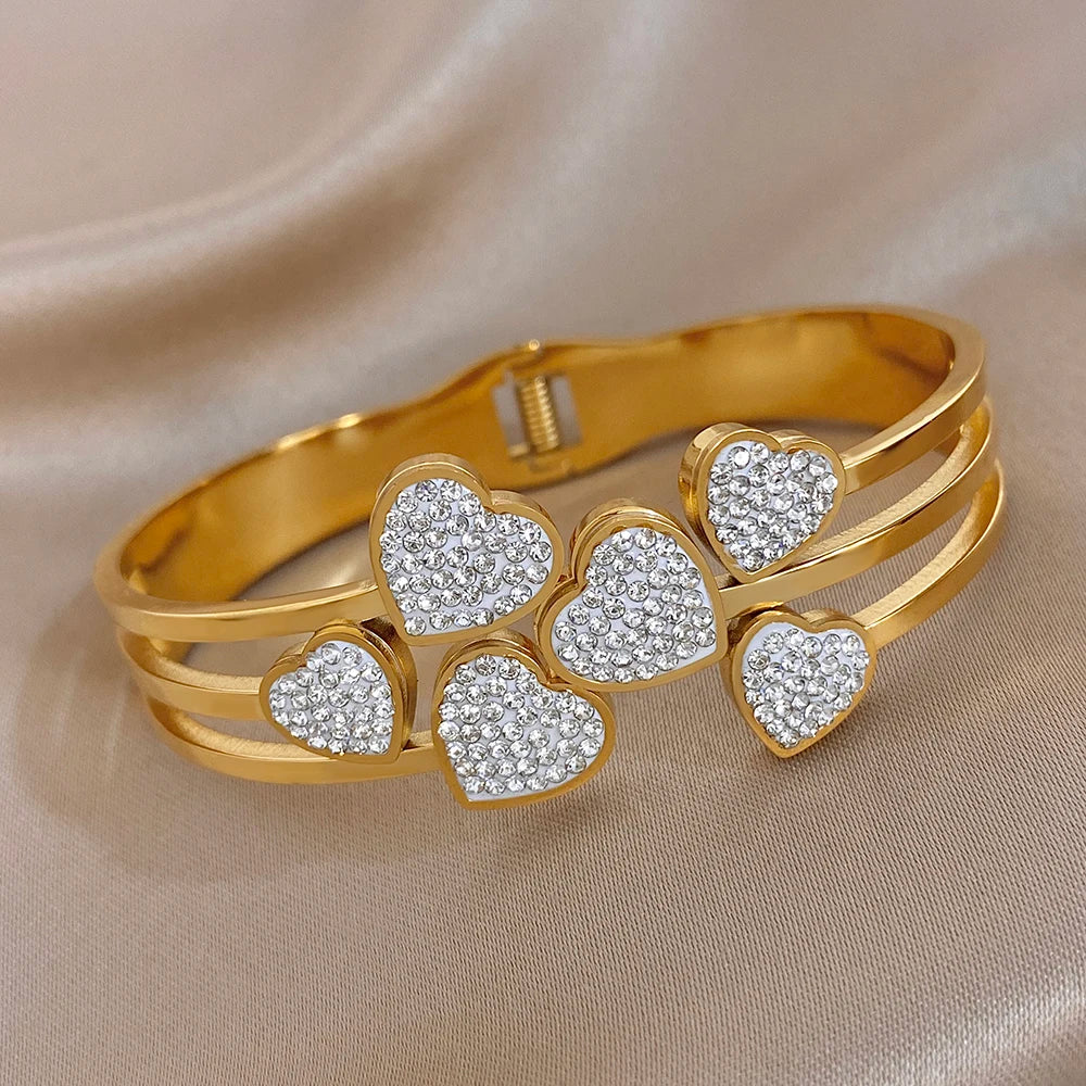 Irregular Zircon Heart Cuff Bangle Bracelets for Women Delicate Gold Plated Stainless Steel Chunky Bracelets Waterproof Jewelry