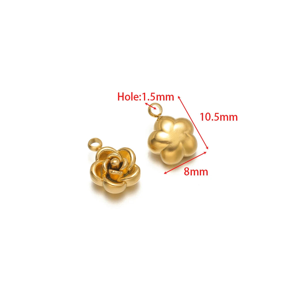 Gold rose flower charms (2-pack), 1.5mm loop hole, 10.5mm flower pendant