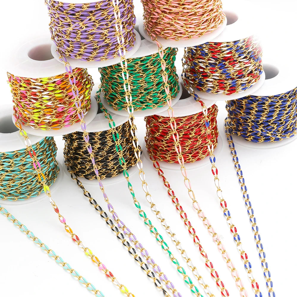 Twisted enamel chain in multicolor mixed links on a spool for DIY jewelry making