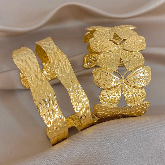 Irregular Hammered Geometric Butterfly Stainless Steel Cuff Bangle Exaggerated Gold Plated Wide Bracelets Waterproof Jewelry Set