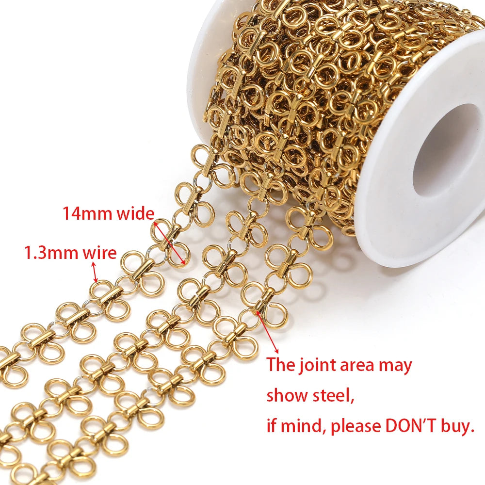 Gold bow knot chain, 14mm wide links, 1.3mm wire gauge, on spool