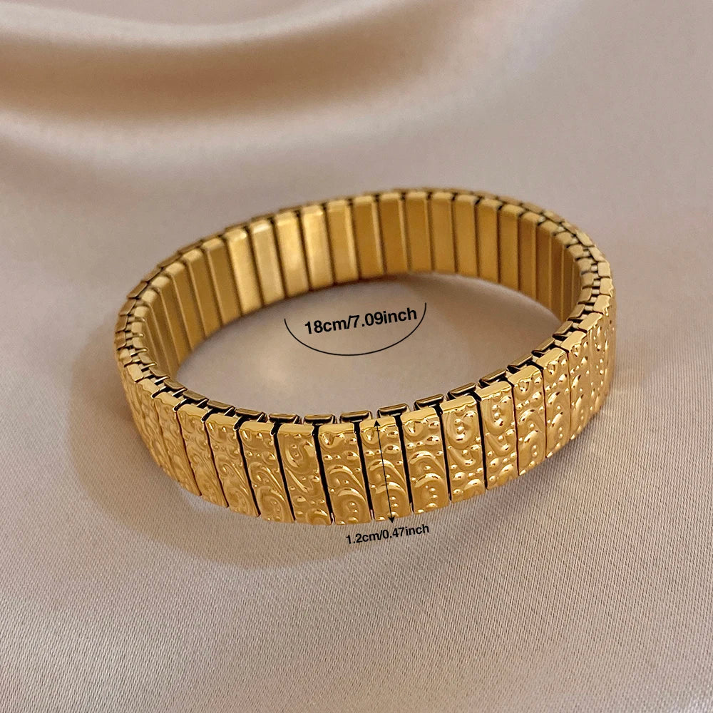 Irregular Geometric Textured Wide Bangle Bracelets Vintage Chunky Stainless Steel Elastic Watchband Bracelet Waterproof Jewelry