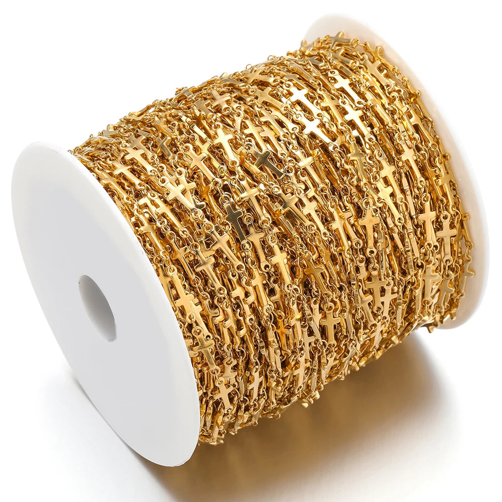 Gold-tone cross chain on spool, repeating small cross link connectors