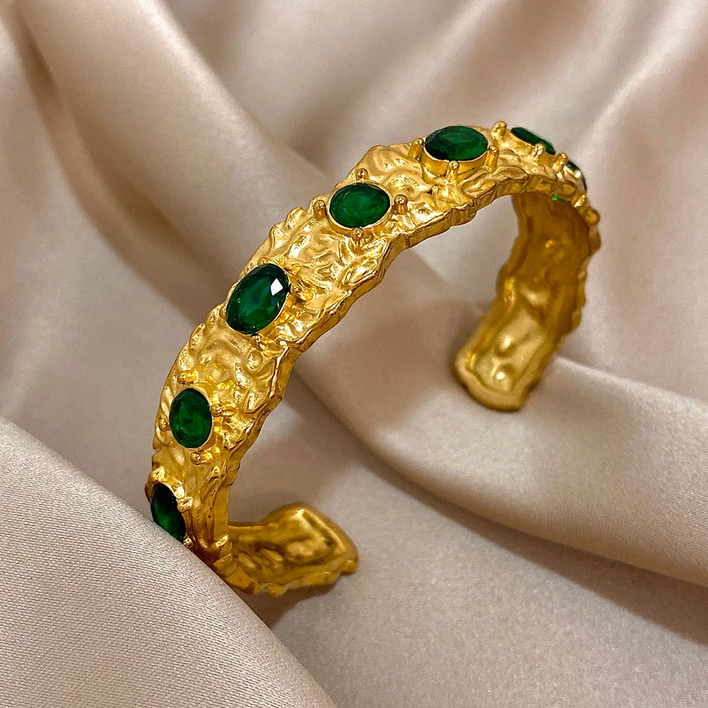 Vintage Green Zircon Stainless Steel Cuff Bracelet Chunky Geometric Textured Gold Plated Open Bangles Waterproof Jewelry