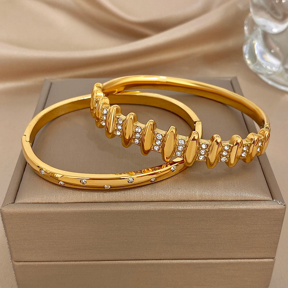 Exquisite Gold Plated Stainless Steel Cuff Bangles for Women Vintage Zircon Geometric Wristband Bracelets Waterproof Jewelry