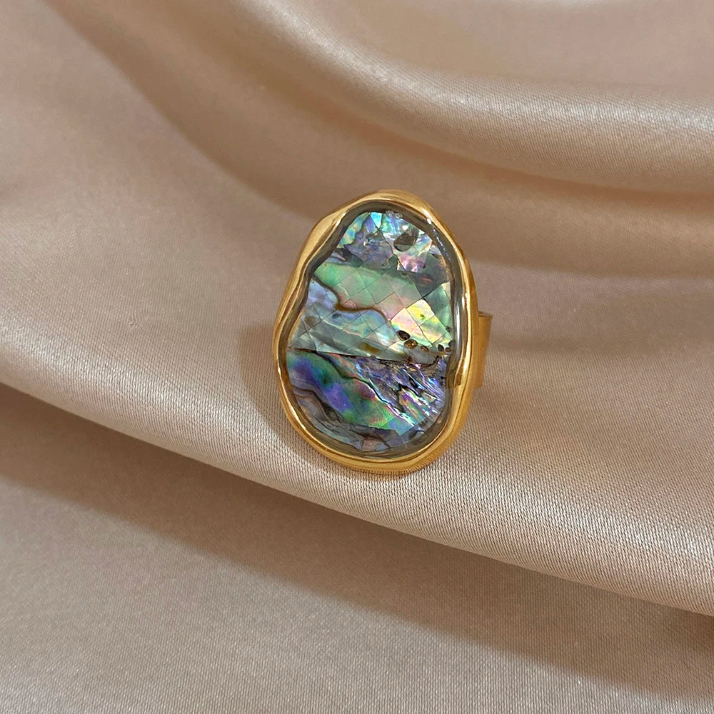 Gold-plated abalone shell ring front view, iridescent multicolor oval stone bezel