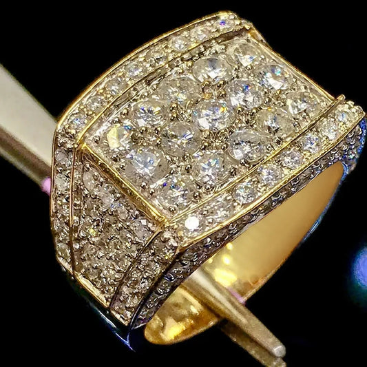 Wide gold-tone zirconia ring with pavé crystal setting