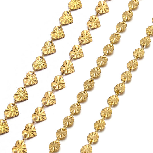 Gold heart-shaped embossed round link chain for DIY necklaces and bracelets
