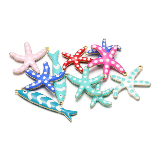 Colorful fish and starfish enamel charms with gold-tone loops, set of 10