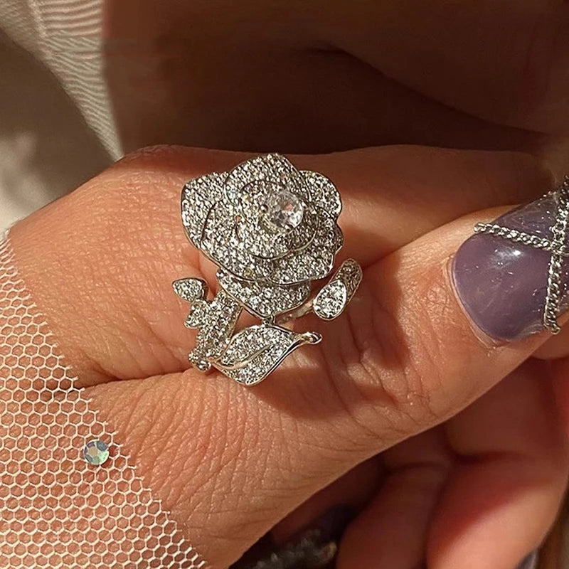 Adjustable cubic zirconia flower ring with sparkling crystal petals