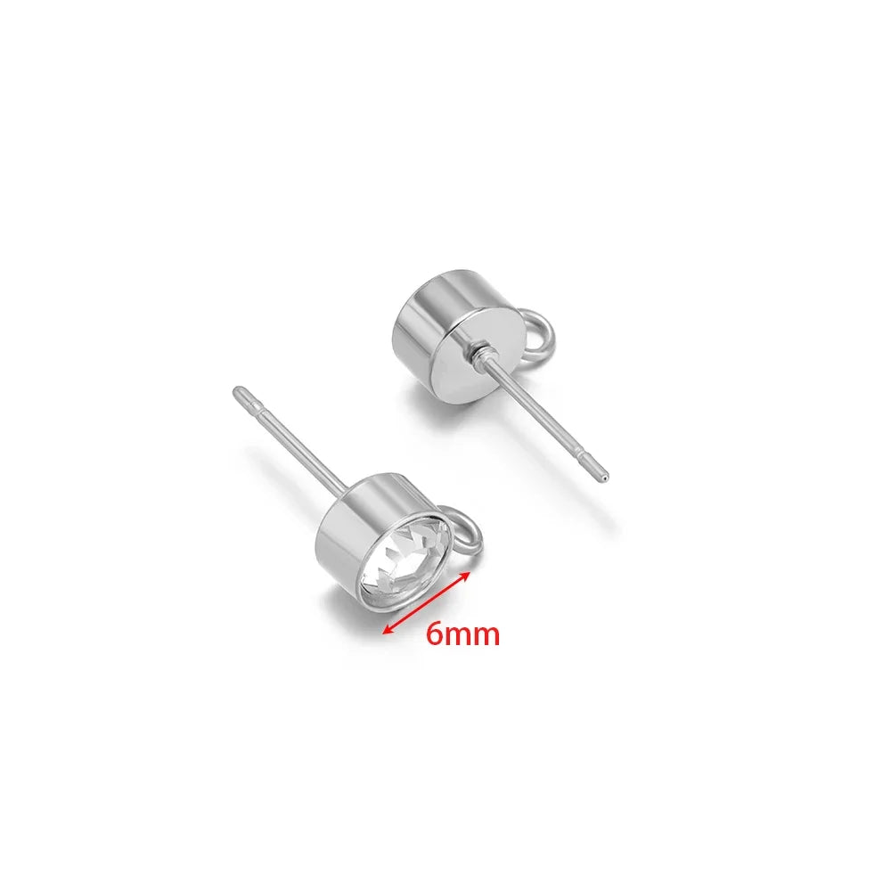 Silver-tone zircon stud earring posts, 6mm round crystal, loop backs
