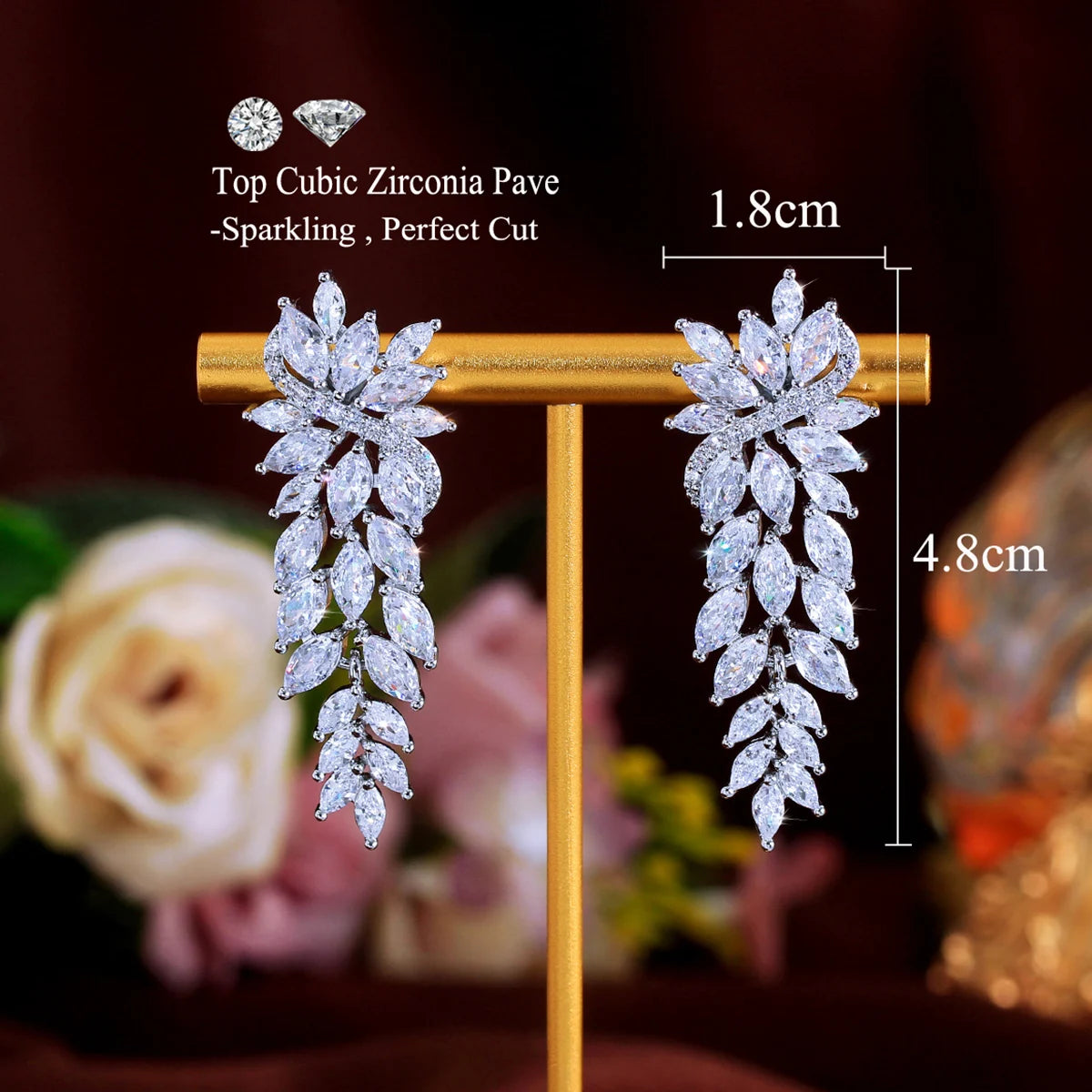 Fashion Full Cubic Zirconia Leaf Long Dangle Earrings CZ Wedding Prom Jewelry For Women