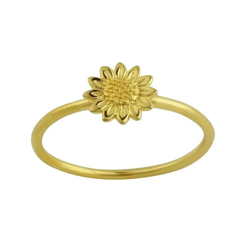 Gold sunflower dainty finger ring with textured flower on smooth open band