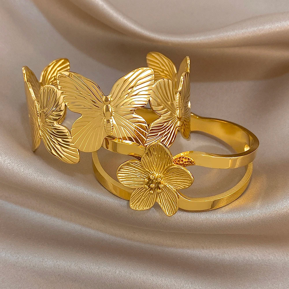 Exaggerated Gold Plated Stainless Steel Cuff Bangle Bracelet for Women Fashion Flower Butterfly Bracelets Waterproof Jewelry Set