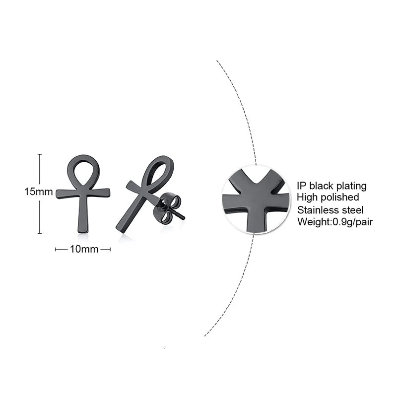 Black ankh cross stud earrings with post back and size marker graphic