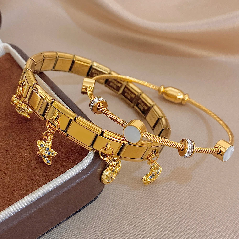 Glossy Gold Plated Stainless Steel Cuff Bangle for Women Chic Zircon Elastic Star Heart Shell Charm Bracelets Waterproof Jewelry
