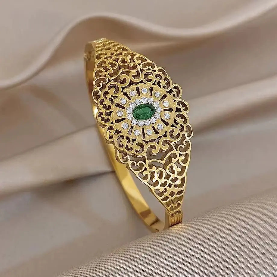 Exquisite Palace Hollow Flower Carved Bracelet for Women Chic Zircon Gold Plated Stainless Steel Cuff Bangles Waterproof Jewelry