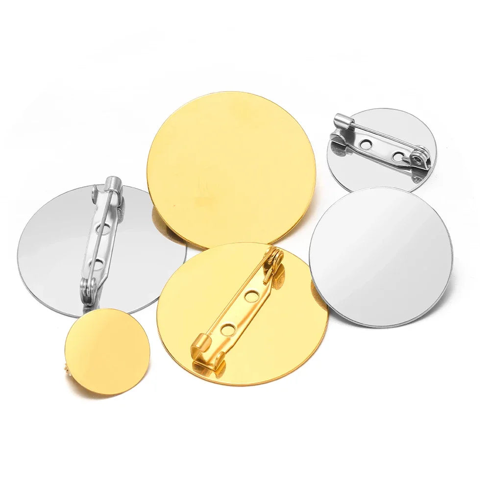 Stainless steel round brooch base cabochon setting with pin back, gold and silver