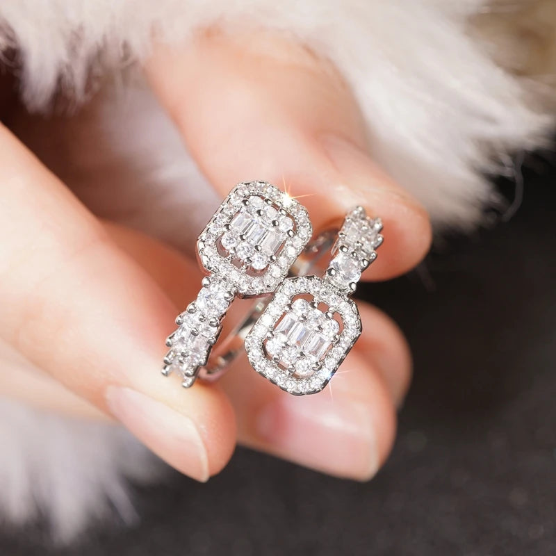 Luxury Silver Color Shiny Zirconia Opening Ring