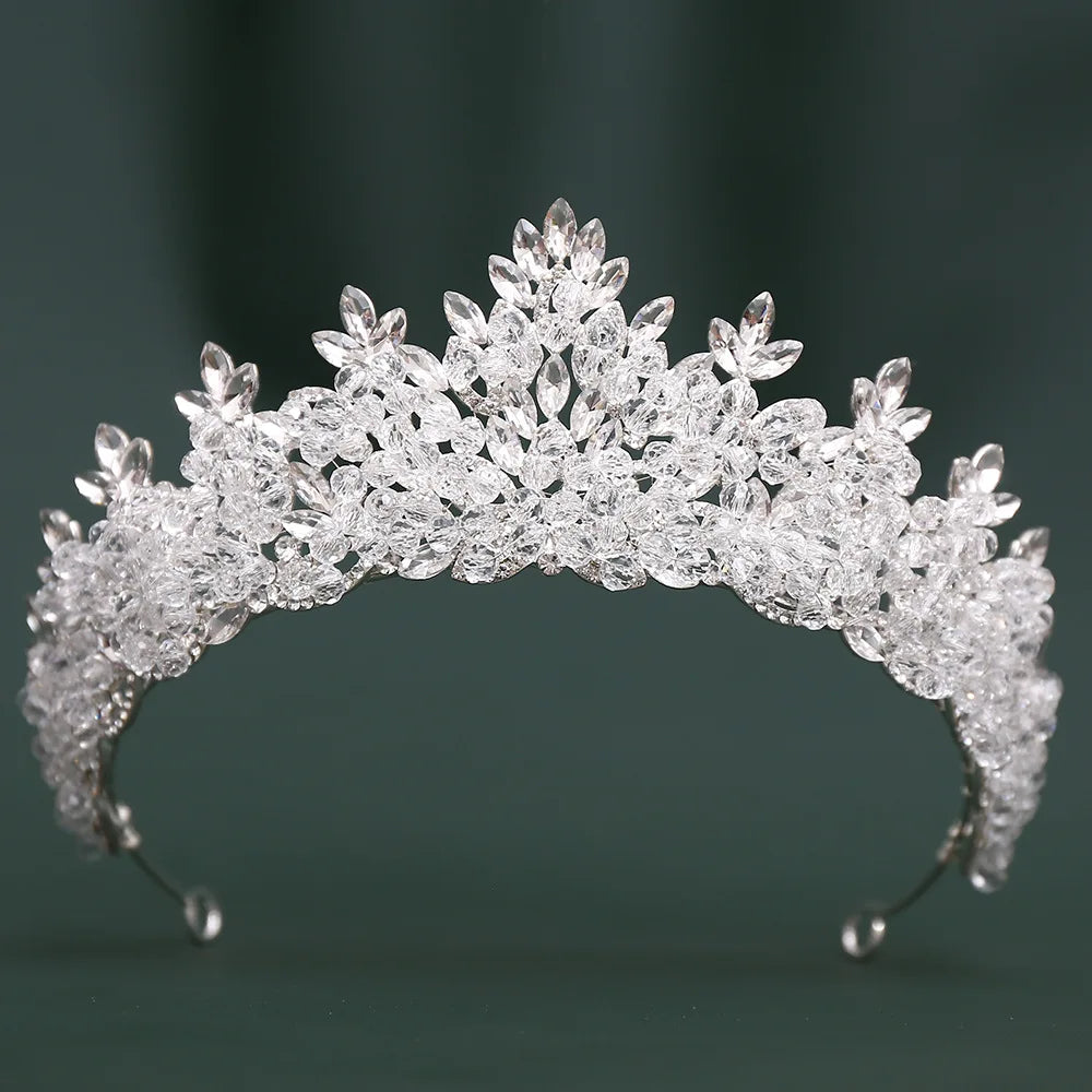 Large bridal tiara with silver crystal flower crown and silver-tone headband
