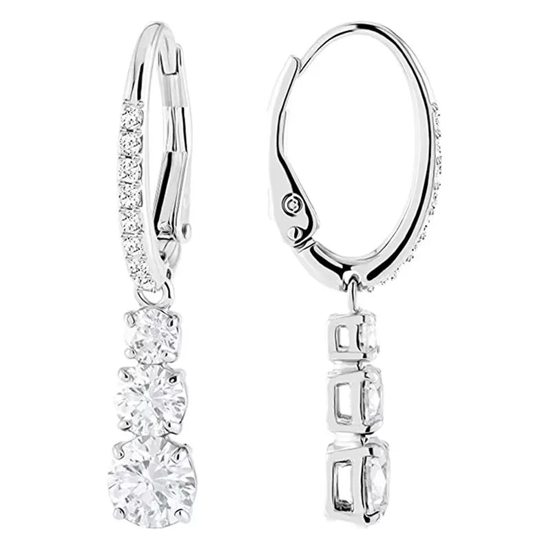 Silver-tone cubic zirconia drop hoop earrings with dangling round stones and sparkle
