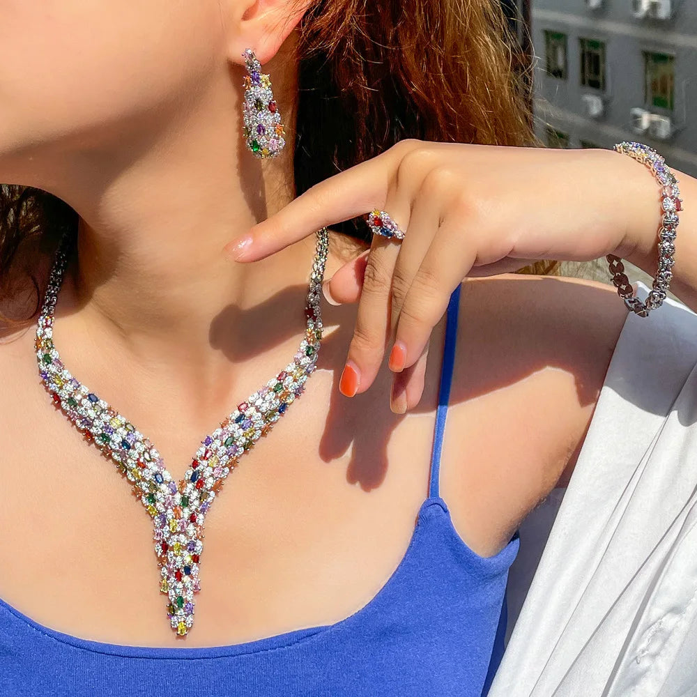 Multicolor cubic zirconia bridal jewelry set with V-shaped necklace and drop earrings